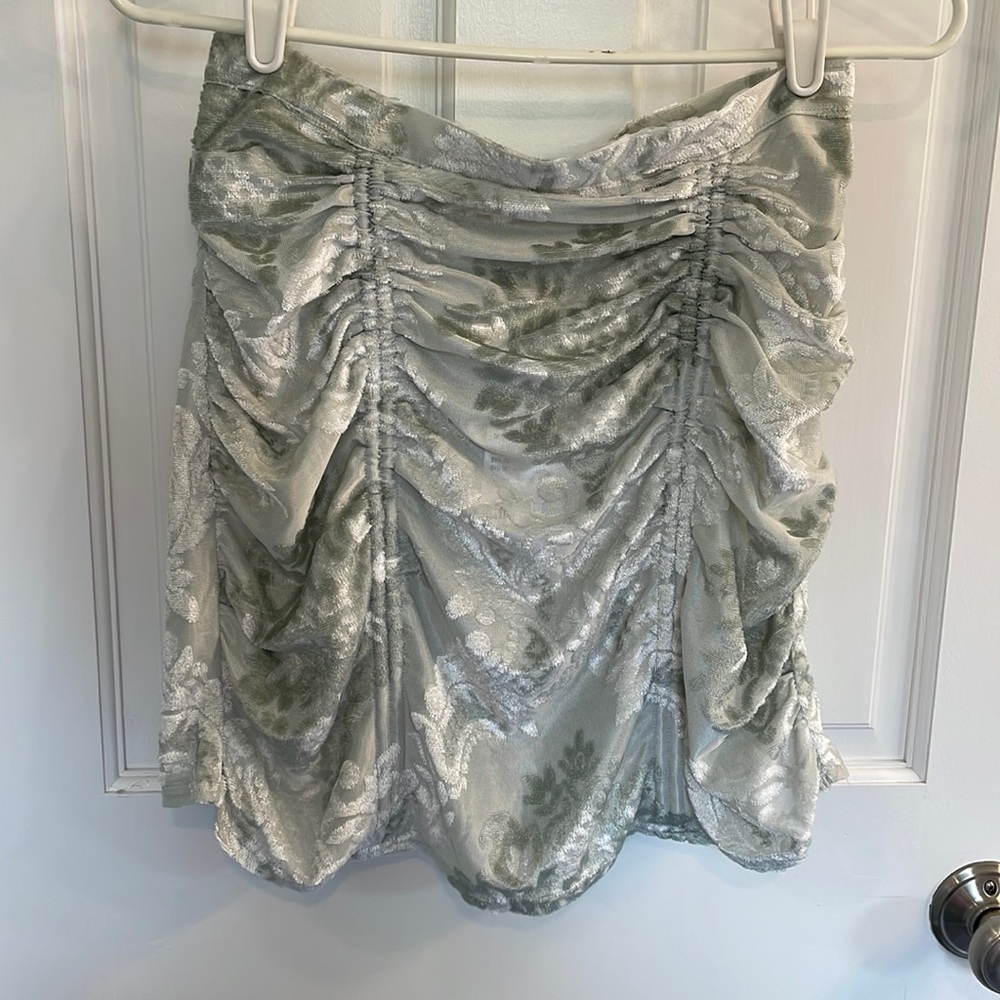 M // Urban Outfitters NWT Light Green Burnout Velvet Jacquard Ruched Mini Skirt